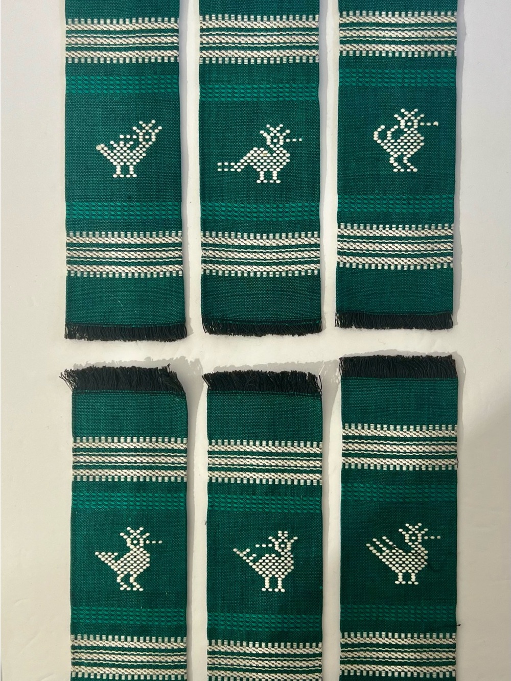 Set of 6 Tribal Bird Motif Cocktail Napkins- Dark Green & White NWOT